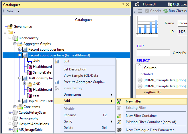 Right clicking a graph under Catalogue Biochemistry exposes a submenu New to add new filter(s)