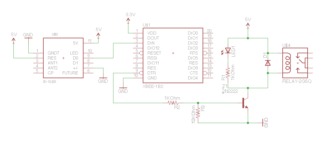 Schematic for the Controller. Notice the XBee and the RFID reader.