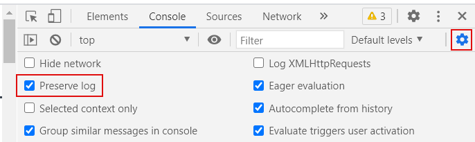 Image montrant les étapes pour activer «Preserve Log » en Chrome - Outils de développement Web - Console