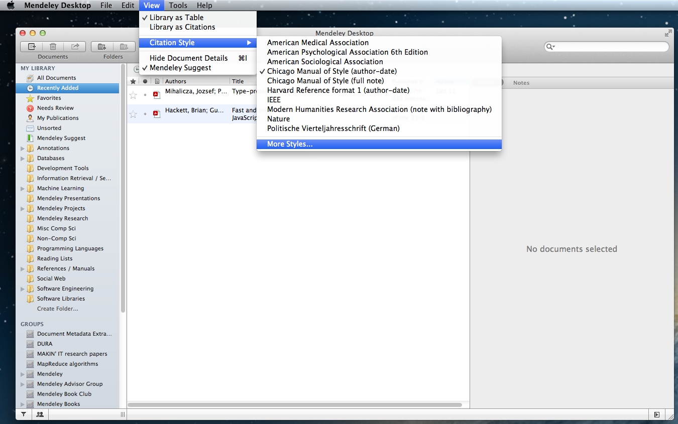 Opening the citation style dialog in Mendeley Desktop