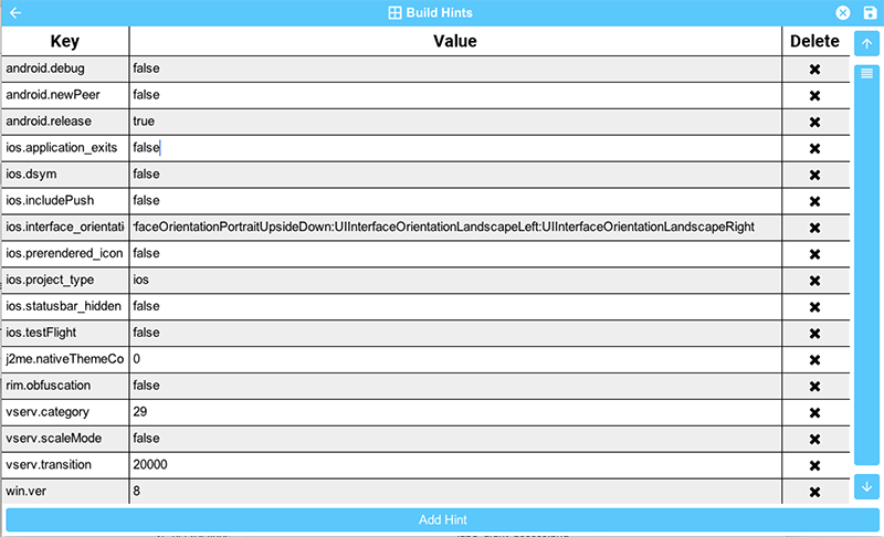 The build hints UI in Codename One Settings