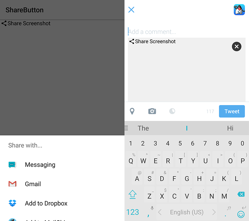 The share button running on the Android device and screenshot sent into twitter