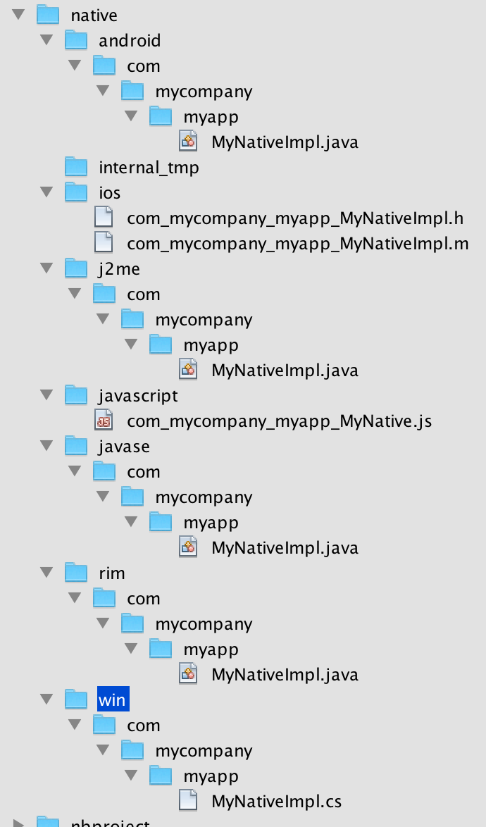 Native directory structure containing stubs for the various platforms