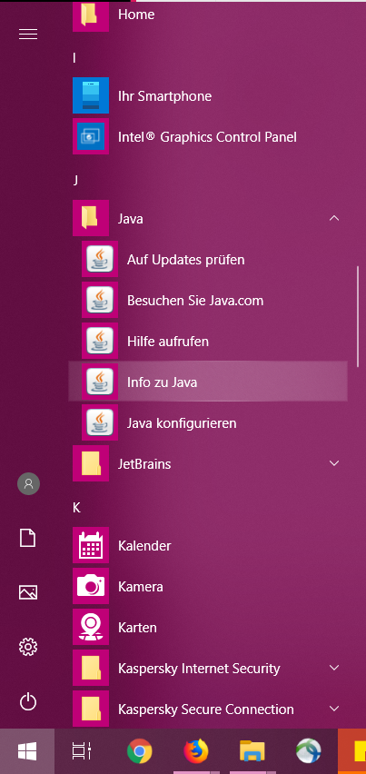 Startmenu mit Java-Verzeichnis